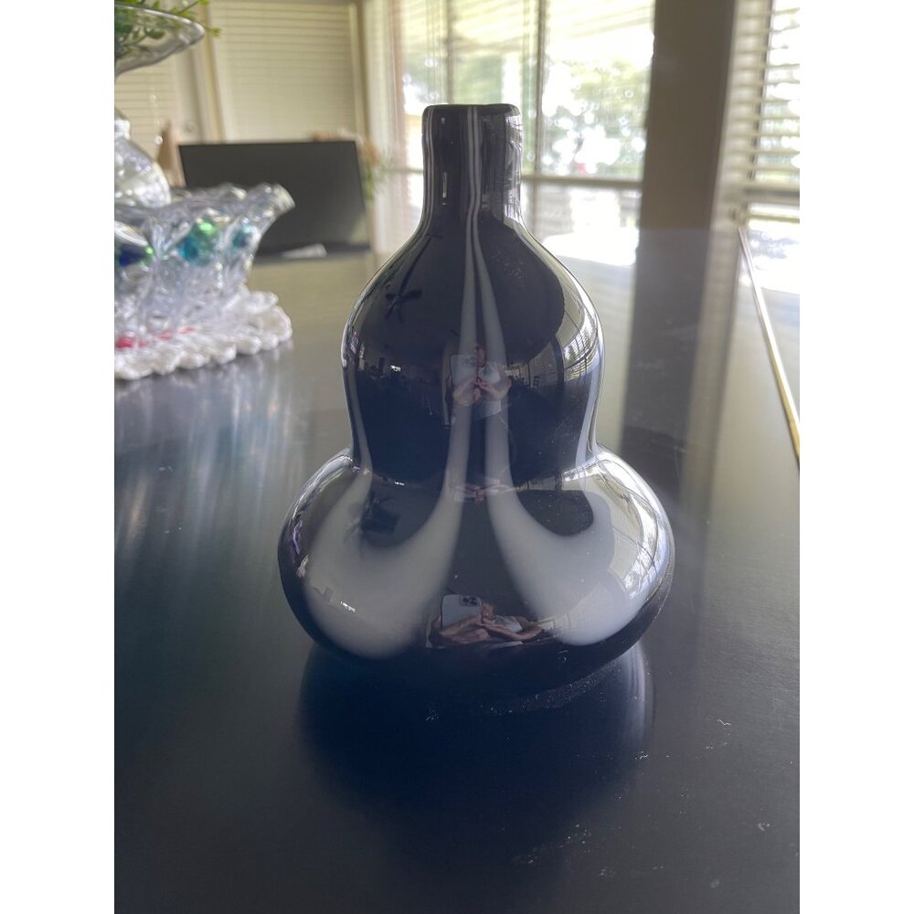 Vintage Murano Art Glass Mid Century Pulled Murano Feather Vase Black 7.75" Hand